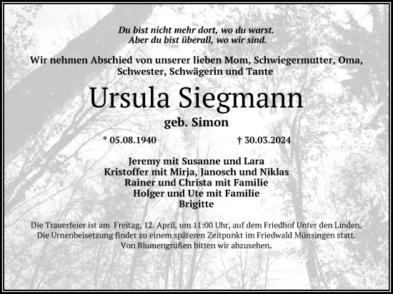 Anzeige von Ursula Siegmann von Reutlinger General-Anzeiger