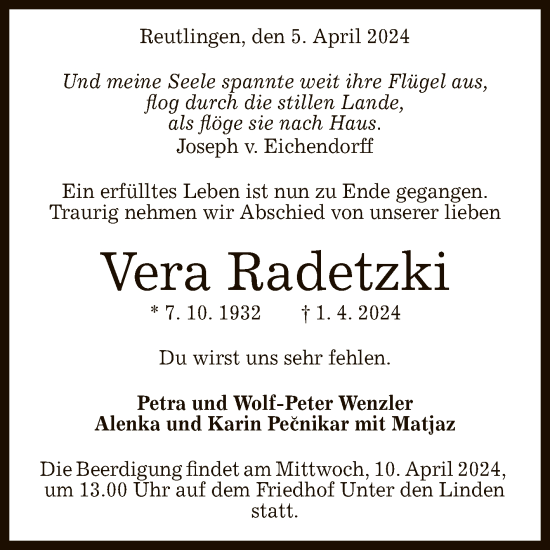 Anzeige von Vera Radetzki von Reutlinger General-Anzeiger