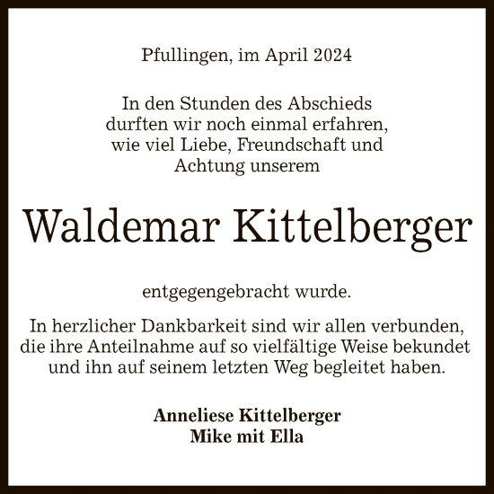 Anzeige von Waldemar Kittelberger von Reutlinger General-Anzeiger