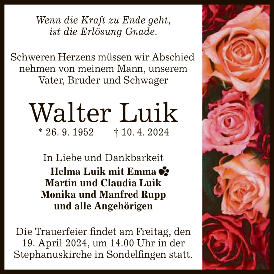 Anzeige von Walter Luik von Reutlinger General-Anzeiger