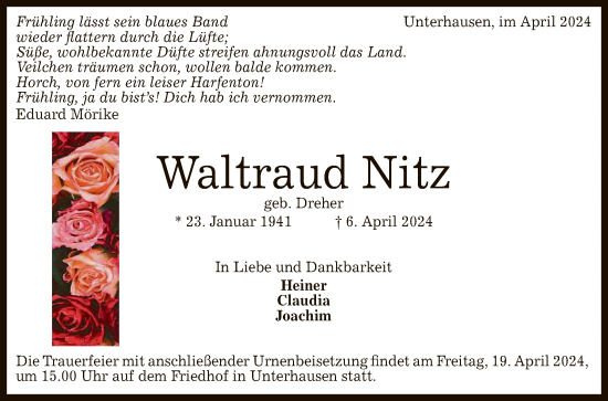 Anzeige von Waltraud Nitz von Reutlinger General-Anzeiger