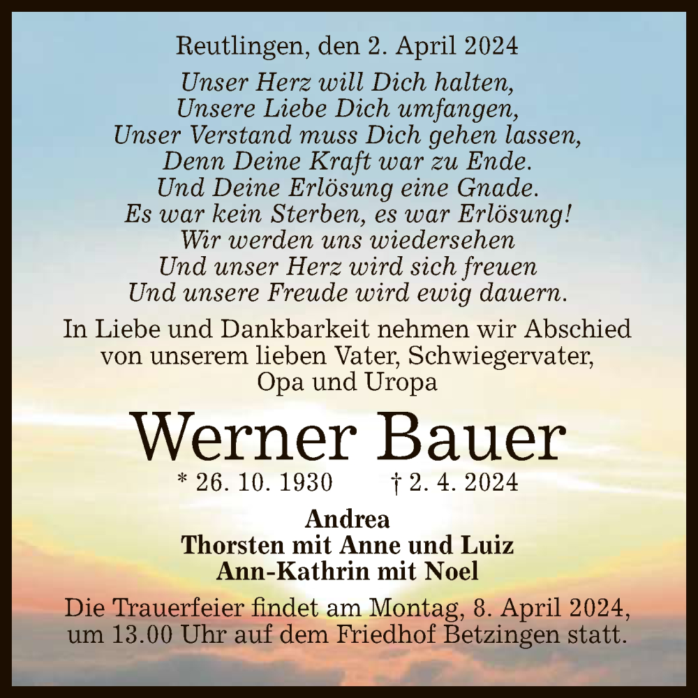  Traueranzeige für Werner Bauer vom 06.04.2024 aus Reutlinger General-Anzeiger