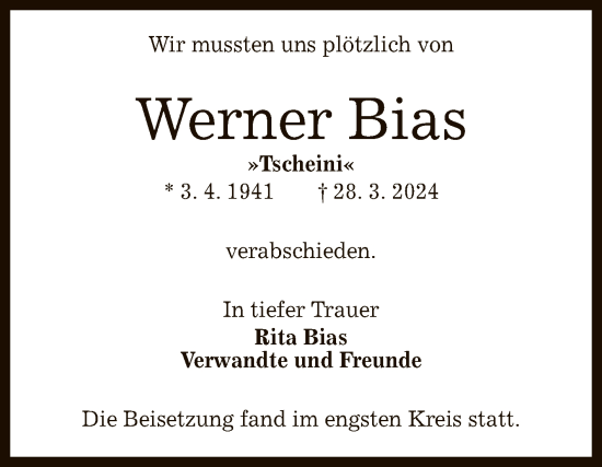 Anzeige von Werner Bias von Reutlinger General-Anzeiger