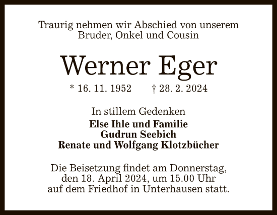 Anzeige von Werner Eger von Reutlinger General-Anzeiger