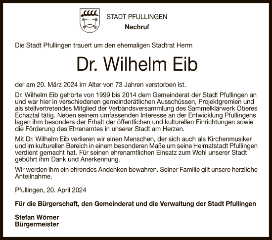 Anzeige von Wilhelm Eib von Reutlinger General-Anzeiger