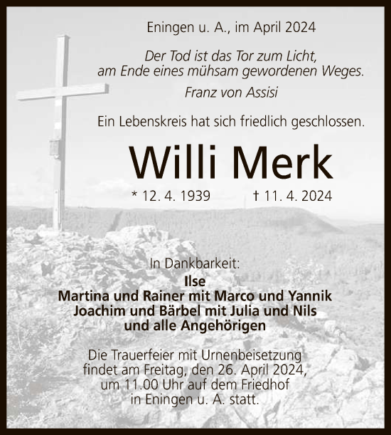 Anzeige von Willi Merk von Reutlinger General-Anzeiger