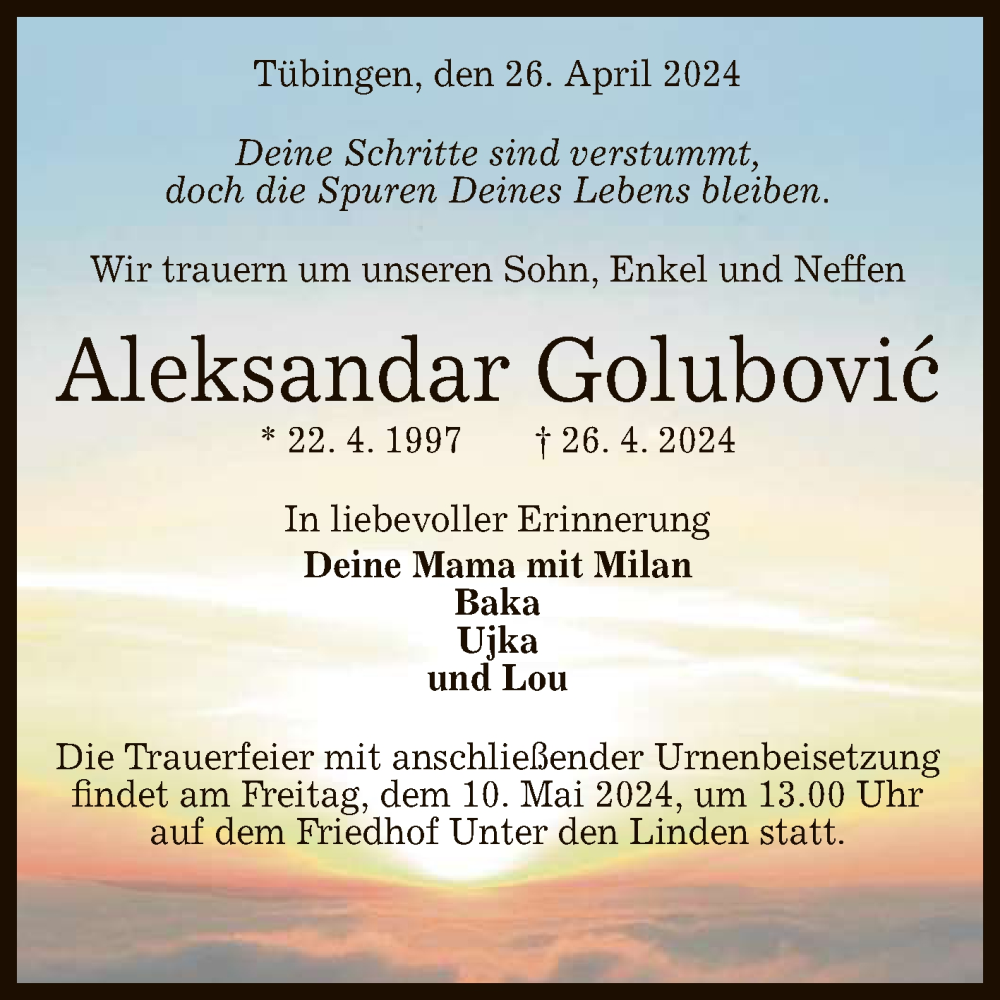  Traueranzeige für Aleksandar Golubovic vom 04.05.2024 aus Reutlinger General-Anzeiger