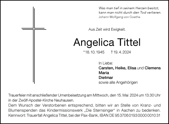 Anzeige von Angelica Tittel von Reutlinger General-Anzeiger
