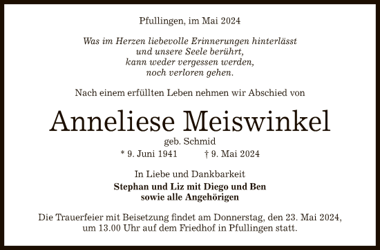 Anzeige von Anneliese Meiswinkel von Reutlinger General-Anzeiger