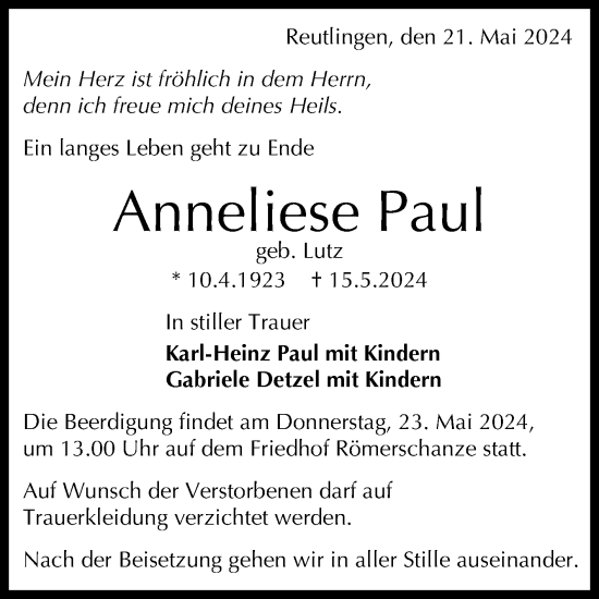 Anzeige von Anneliese Paul von Reutlinger General-Anzeiger