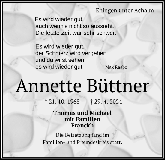 Anzeige von Annette Büttner von Reutlinger General-Anzeiger