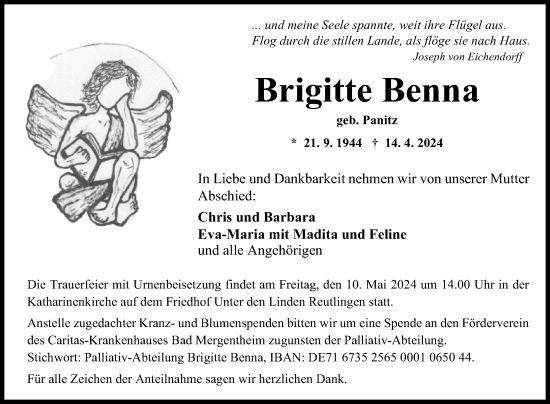 Anzeige von Brigitte Benna von Reutlinger General-Anzeiger