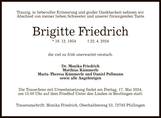 Anzeige von Brigitte Friedrich von Reutlinger General-Anzeiger