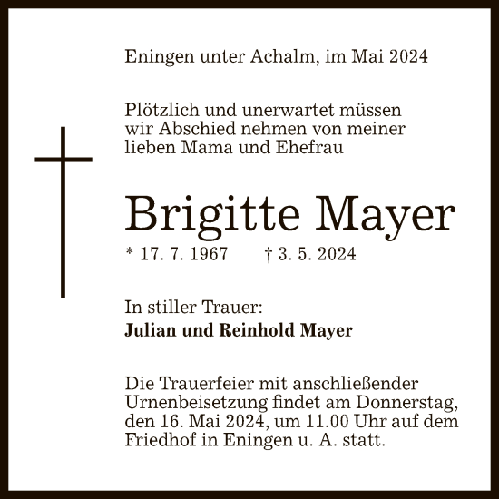 Anzeige von Brigitte Mayer von Reutlinger General-Anzeiger
