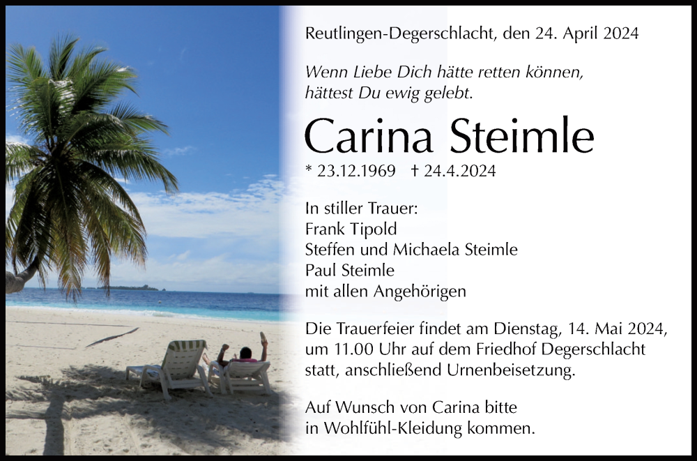  Traueranzeige für Carina Steimle vom 04.05.2024 aus Reutlinger General-Anzeiger