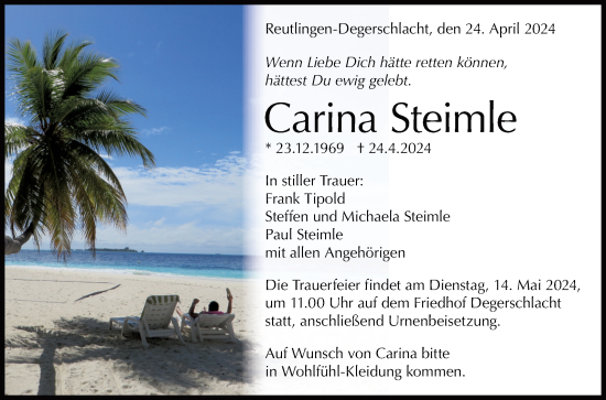 Anzeige von Carina Steimle von Reutlinger General-Anzeiger