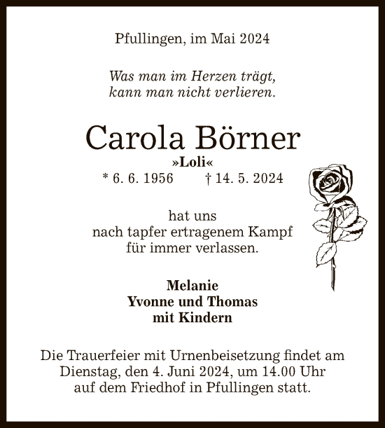Anzeige von Carola Börner von Reutlinger General-Anzeiger