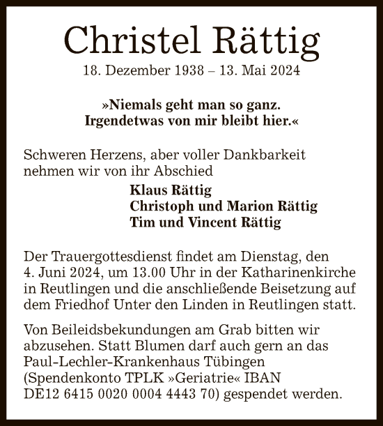Anzeige von Christel Rättig von Reutlinger General-Anzeiger