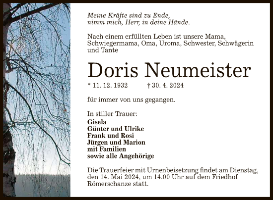 Anzeige von Doris Neumeister von Reutlinger General-Anzeiger