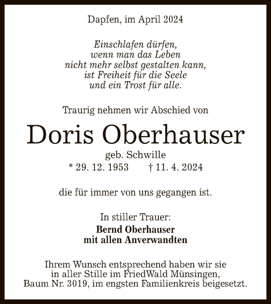 Anzeige von Doris Oberhauser von Reutlinger General-Anzeiger
