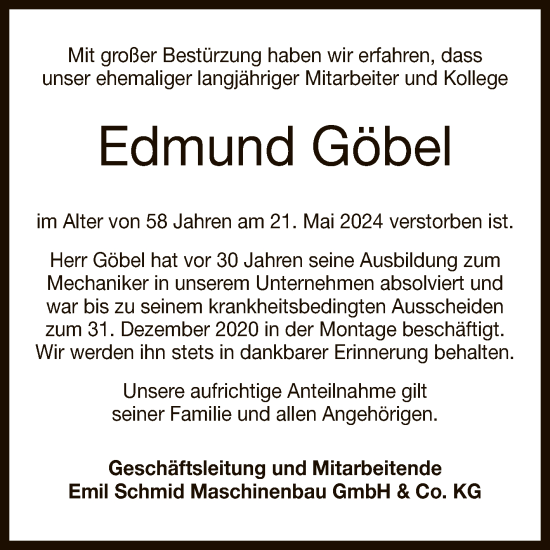 Anzeige von Edmund Göbel von Reutlinger General-Anzeiger