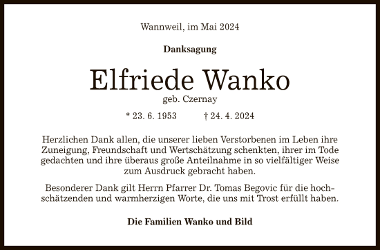 Anzeige von Elfriede Wanko von Reutlinger General-Anzeiger