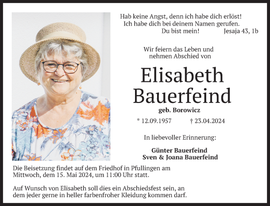 Anzeige von Elisabeth Bauerfeind von Reutlinger General-Anzeiger