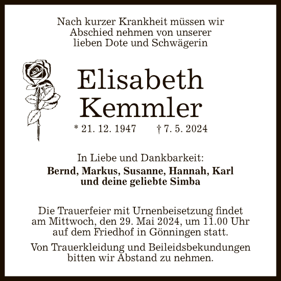Anzeige von Elisabeth Kemmler von Reutlinger General-Anzeiger
