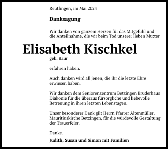 Anzeige von Elisabeth Kischkel von Reutlinger General-Anzeiger