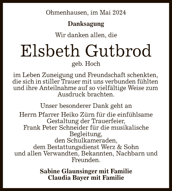 Anzeige von Elsbeth Gutbrod von Reutlinger General-Anzeiger