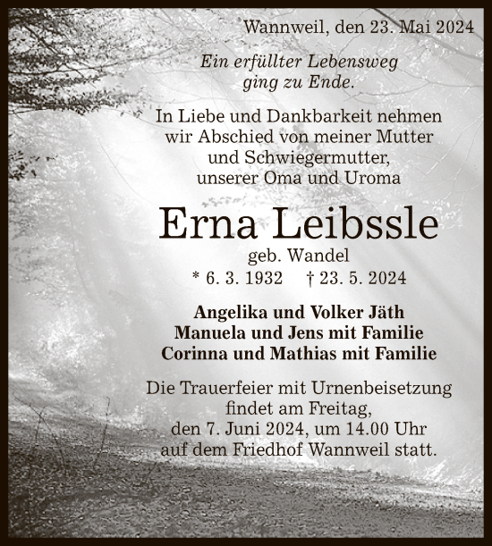 Anzeige von Erna Leibssle von Reutlinger General-Anzeiger