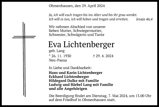 Anzeige von Eva Lichtenberger von Reutlinger General-Anzeiger