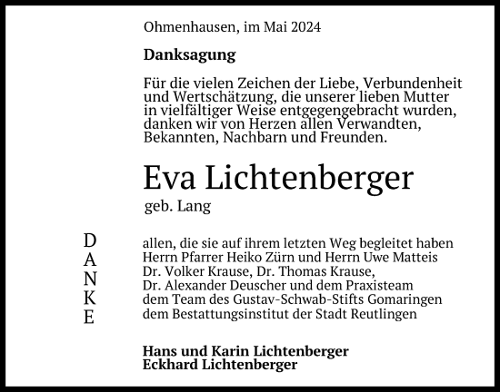 Anzeige von Eva Lichtenberger von Reutlinger General-Anzeiger