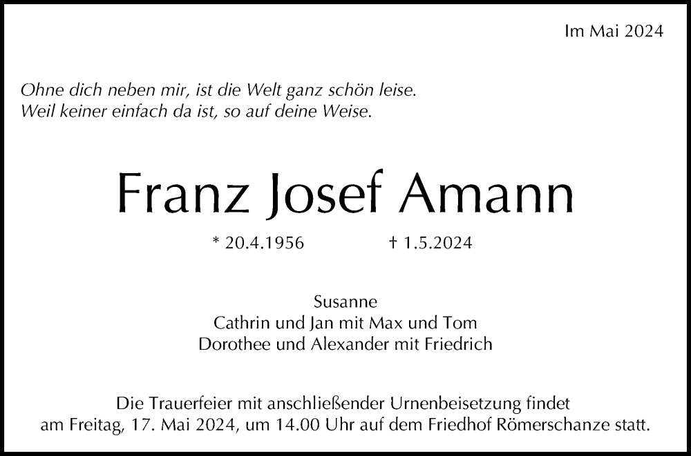  Traueranzeige für Franz Josef Amann vom 10.05.2024 aus Reutlinger General-Anzeiger