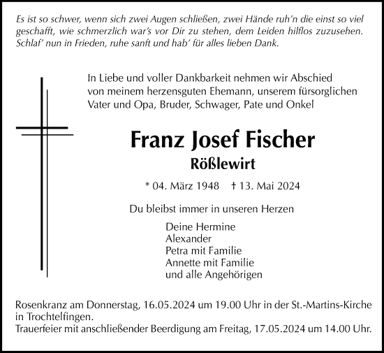 Anzeige von Franz Josef Fischer von Reutlinger General-Anzeiger