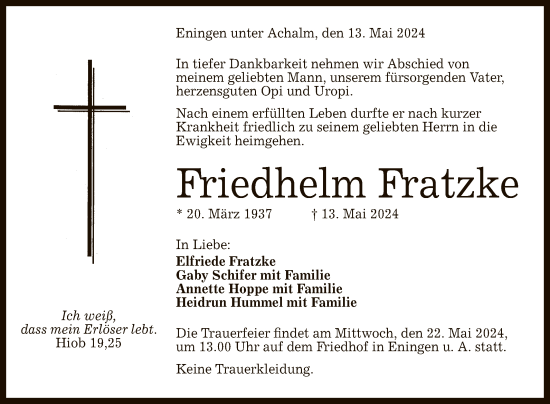 Anzeige von Friedhelm Fratzke von Reutlinger General-Anzeiger