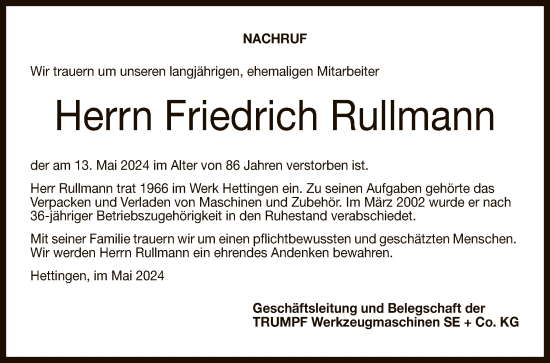 Anzeige von Friedrich Rullmann von Reutlinger General-Anzeiger