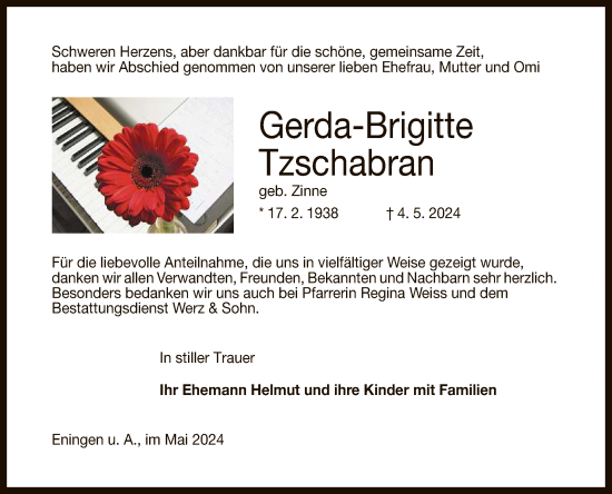 Anzeige von Gerda-Brigitte Tzschabran von Reutlinger General-Anzeiger