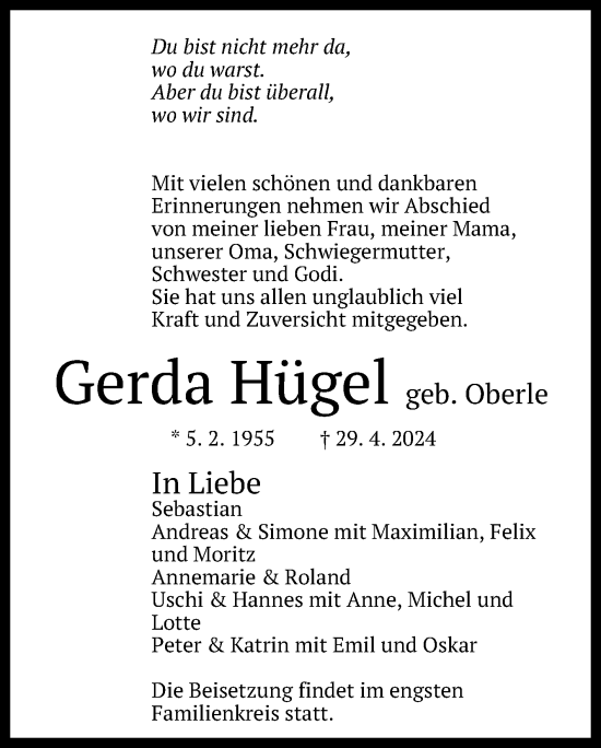 Anzeige von Gerda Hügel von Reutlinger General-Anzeiger