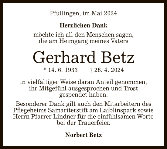 Anzeige von Gerhard Betz von Reutlinger General-Anzeiger