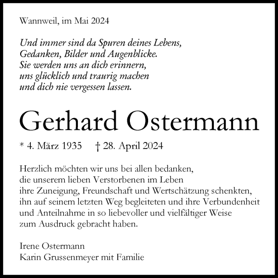 Anzeige von Gerhard Ostermann von Reutlinger General-Anzeiger