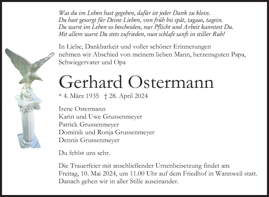 Anzeige von Gerhard Ostermann von Reutlinger General-Anzeiger