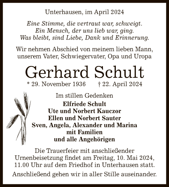 Anzeige von Gerhard Schult von Reutlinger General-Anzeiger