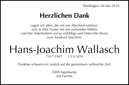 Anzeige von Hans-Joachim Wallasch von Reutlinger General-Anzeiger