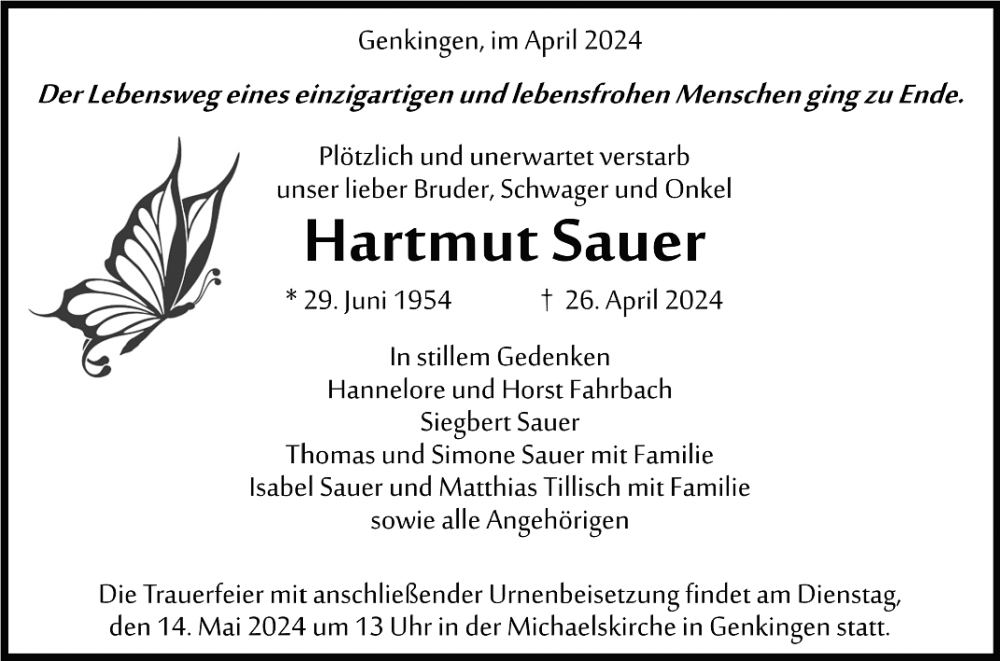  Traueranzeige für Hartmut Sauer vom 07.05.2024 aus Reutlinger General-Anzeiger