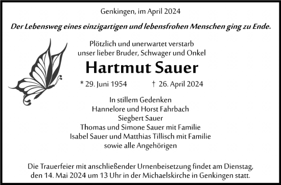 Anzeige von Hartmut Sauer von Reutlinger General-Anzeiger