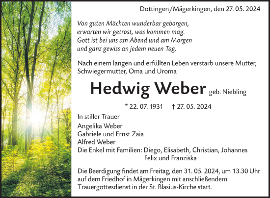 Anzeige von Hedwig Weber von Reutlinger General-Anzeiger