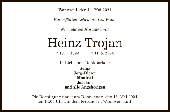 Anzeige von Heinz Trojan von Reutlinger General-Anzeiger