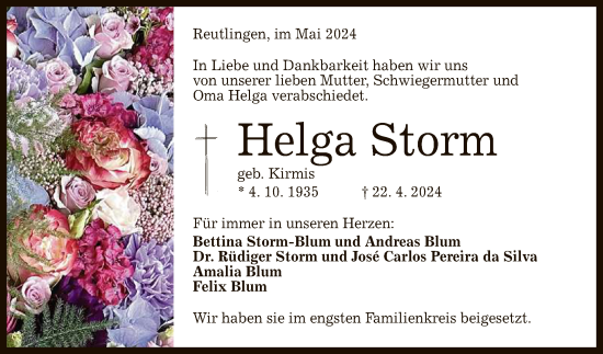 Anzeige von Helga Storm von Reutlinger General-Anzeiger