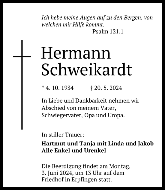 Anzeige von Hermann Schweikardt von Reutlinger General-Anzeiger